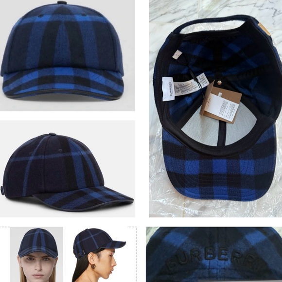 BURBERRY CASHMERE NAVY SIGNATURE CHECKERED PATTERN UNISEX BASEBALL CAP - Picture 3 of 16